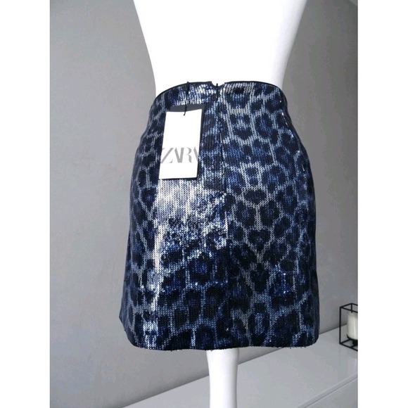 ZARA BLUE LEOPARD PRINT SEQUIN MINI SKIRT‎ SIZE L - Picture 5 of 11